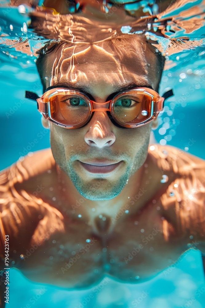 Swimmer s serene gaze underwater, capturing focus in summer olympic sport concept