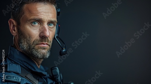 A serious-looking security guard in uniform, with a radio earpiece. photo