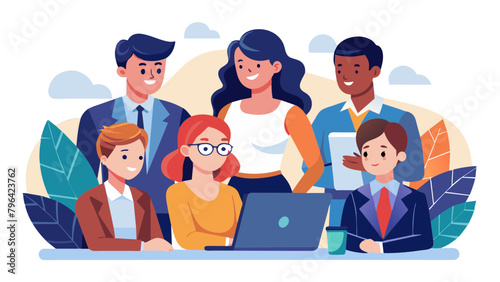 young business people meeting office portrait woman businesswoman teamwork group success corporate colleague partnership startup creative student university adult laptop tablet, simplistic flat vector