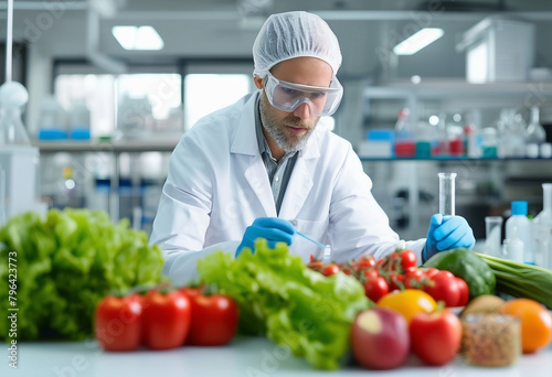 A biologist laboratory assistant checking food products for quality against the background of the laboratory