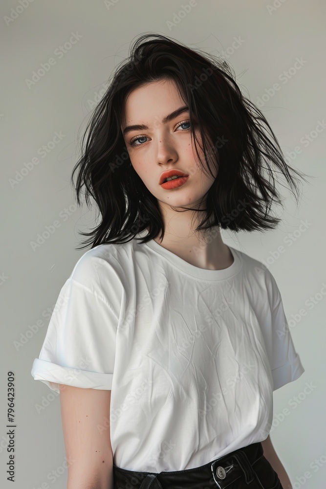Fototapeta premium Modeling photography of a woman with a black hair, blue eyes, white t-shirt, 