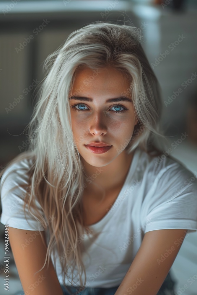 Modeling photography of a woman with a blonde hair, blue eyes, white t-shirt, Modeling photography of a woman with a blonde hair, blue eyes, white t-shirt,