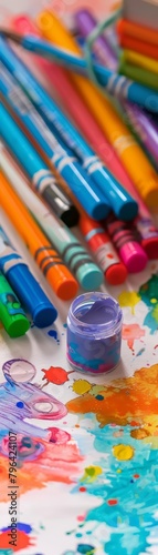 Crayons and watercolors spread across a table  tools for young artists to express their budding visions  kawaii