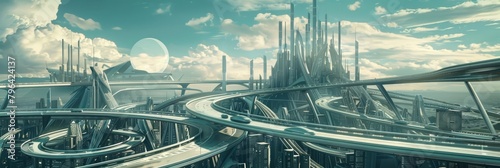 Create a futuristic city skyline with a series of interconnected highways and bridges, representing the interconnectedness of different paths to success