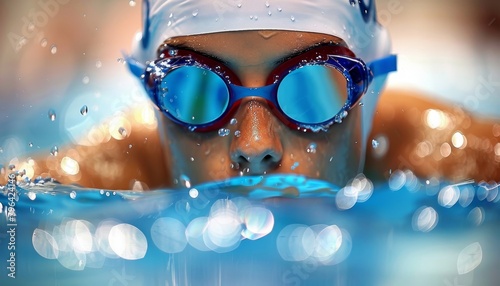 Intense gaze  swimmer s eyes underwater reflecting serenity and focus, olympic sport concept photo