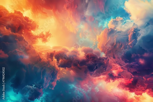 Design an abstract art background featuring a simulation of exploding clouds, conveying the concept of fastpaced innovation and creative ideas in the finance industry