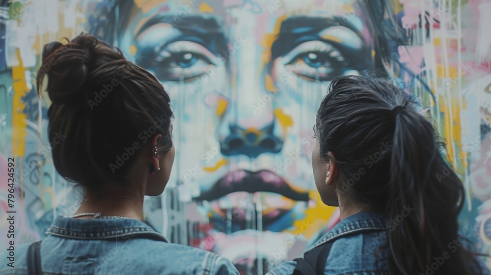 Two young women wearing matching denim jackets gaze up at a towering spraypainted portrait as they explore the urban gallery. . . Two young women wearing matching denim jackets gaze up at a towering spraypainted portrait as they explore the urban gallery. . .