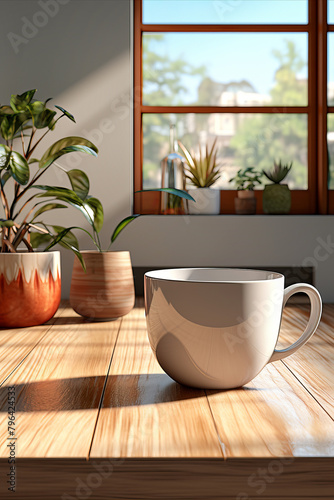 Cup of coffee on the table in moderm kitchen, minimalist style.