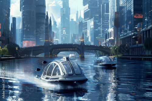Futuristic water taxis glide over digitally augmented rivers, their routes optimized by realtime environmental data photo