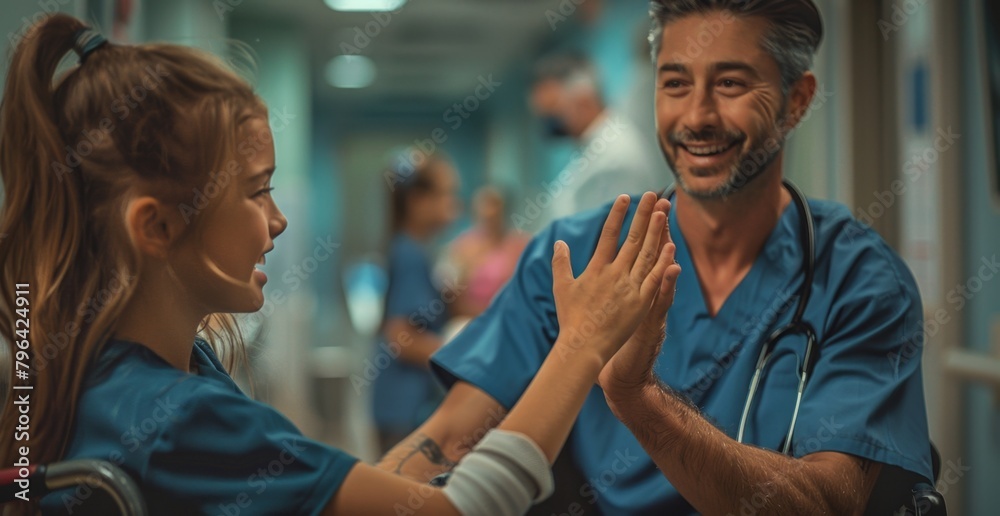 Obraz premium Cheerful Nurse Celebrating with Smiling Child in Wheelchair - Healthcare and Happiness