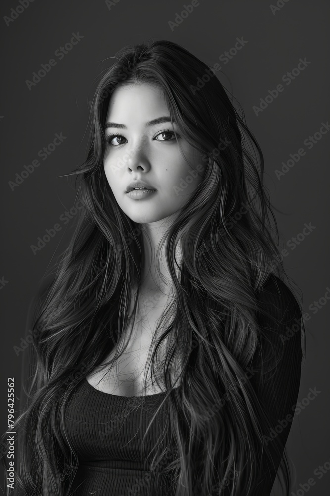 portrait of a beautiful woman with a long hair, black and white, portrait of a beautiful woman with a long hair, black and white,
