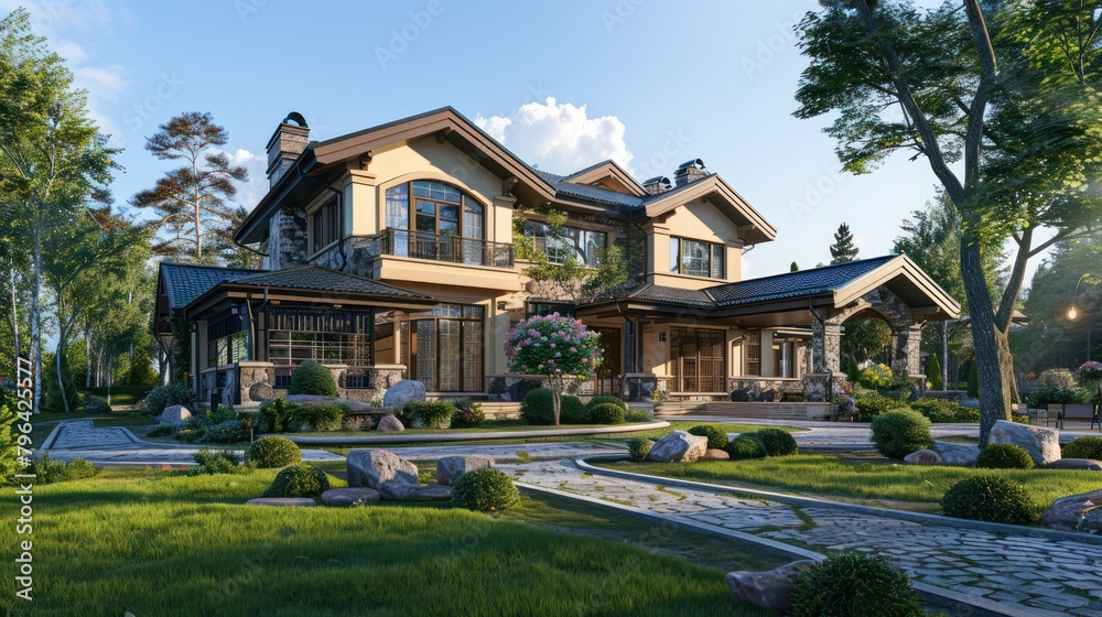 Suburban style house facade rendering design Suburban style house facade rendering design