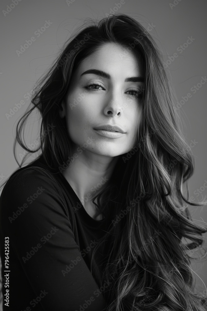 portrait of a beautiful woman with a long hair, black and white, 