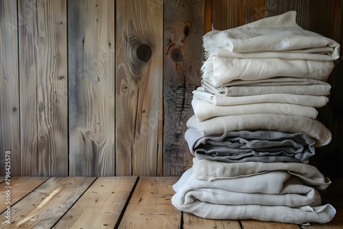 Tidy arrangement of linens on hardwood floor in a wooden room. Concept Interior Design, Home Decor, Linens Display, Hardwood Flooring, Wooden Room