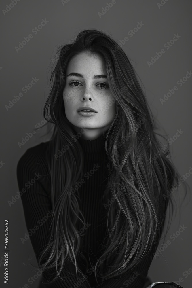portrait of a beautiful woman with a long hair, black and white, real life photo, professional photo portrait of a beautiful woman with a long hair, black and white, real life photo, professional photo