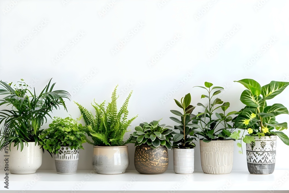 Variety of indoor plants in ceramic pots displayed on white shelf against white wall. Concept Plants, Indoor Decor, Ceramic Pots, White Shelf, Home Design