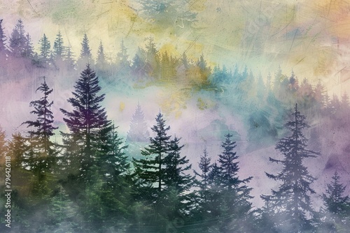 A serene watercolor painting of trees in a forest. Ideal for nature-themed designs