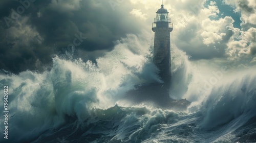 A dramatic image of a lighthouse standing strong in the middle of a large wave. Ideal for illustrating strength and resilience