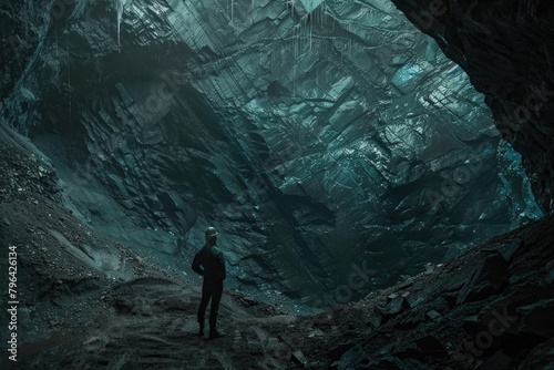A man standing in a cave gazing at the sky, suitable for adventure and exploration themes