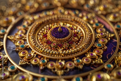 Close-up of a gold plate with a purple flower, suitable for various design projects