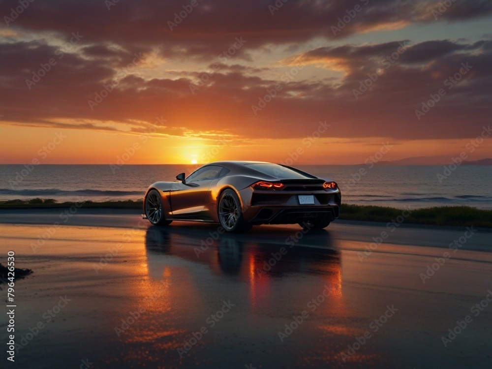 car on the beach at sunset car on the beach at sunset