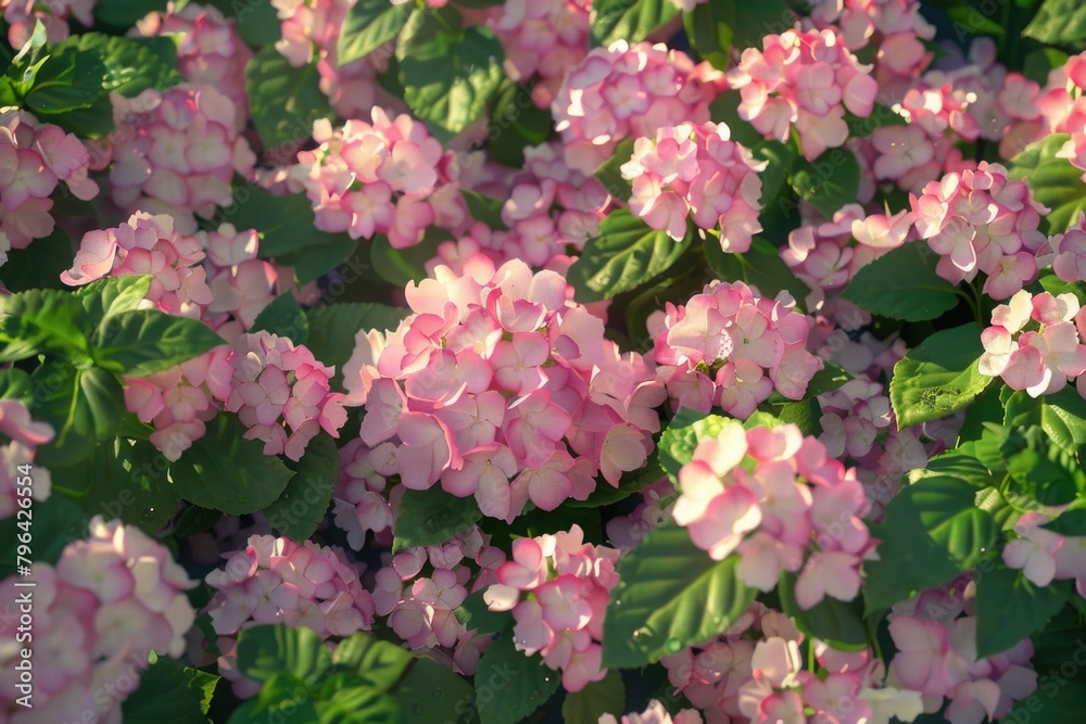 A bunch of pink flowers with vibrant green leaves. Perfect for spring or nature-themed projects A bunch of pink flowers with vibrant green leaves. Perfect for spring or nature-themed projects