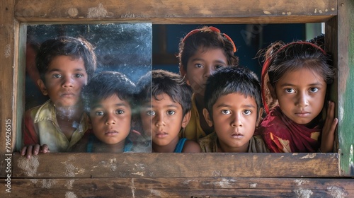 A group of kids looking through a window into a classroom they cannot afford to attend. photo