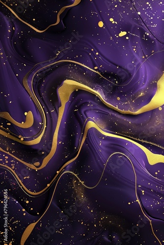 purple background, gold swirls and particles, abstract fluid shapes, gradient effect, glitter texture, 