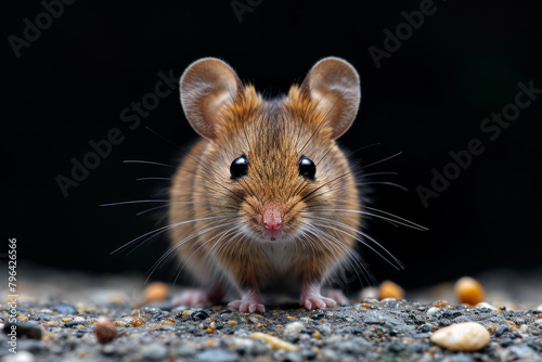 Small brown mouse with big ears sits on rocky ground.