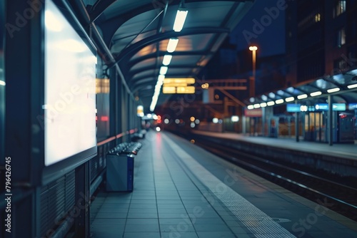 A train station at night with a train on the tracks. Suitable for transportation or travel concepts