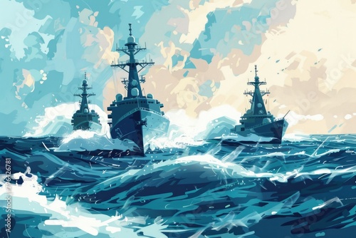 A painting of two ships in the ocean. Suitable for nautical themes