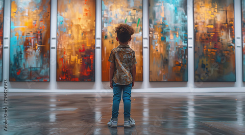 A young child with curly hair stands in front of colorful abstract paintings in a modern art gallery, reflecting on the artwork.
