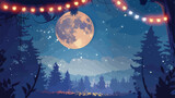 Full moon vector illustration with forest and hanging