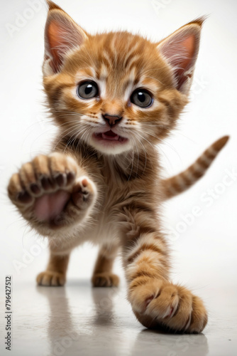 Kitten with big eyes and its paw outstretched.