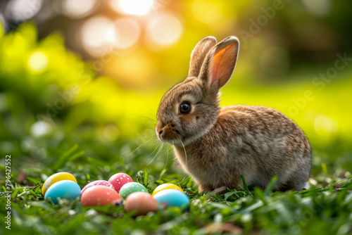 Cute little bunny with big eyes sits in front of bunch of colored eggs.
