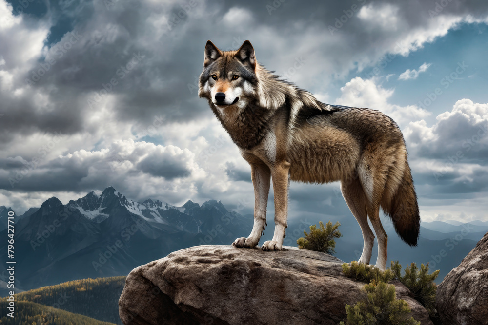 Painting of wolf standing on top of rocky mountain with snow covered peaks in the background.