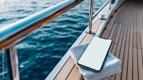 Smartphone in white screen for mock up on luxury yacht background. Advertisement, promotion mockup or app presentation, promotion concept