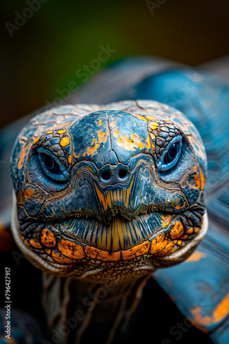 Close up of blue and orange turtle with yellow patch on its face.