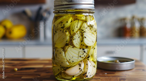 Garlic and olive oil in a glass jar