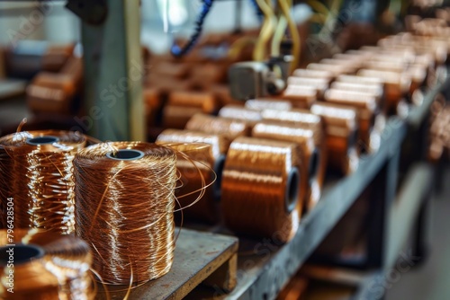 Copper coils on a table, suitable for industrial and technology concepts photo