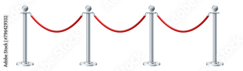 Retractable belt rack. Portable tape barrier. Red carpet with red ropes on silver stanchions. Exclusive event, movie premiere, gala, ceremony, awards concept. Vector