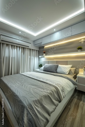 singapore hdb, bedroom, arch furniture, white and grey colors, clean matte finishing, zoom detail angle, bright lighting 