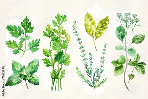 Assorted herbs displayed on a white background. Ideal for culinary and health-related projects