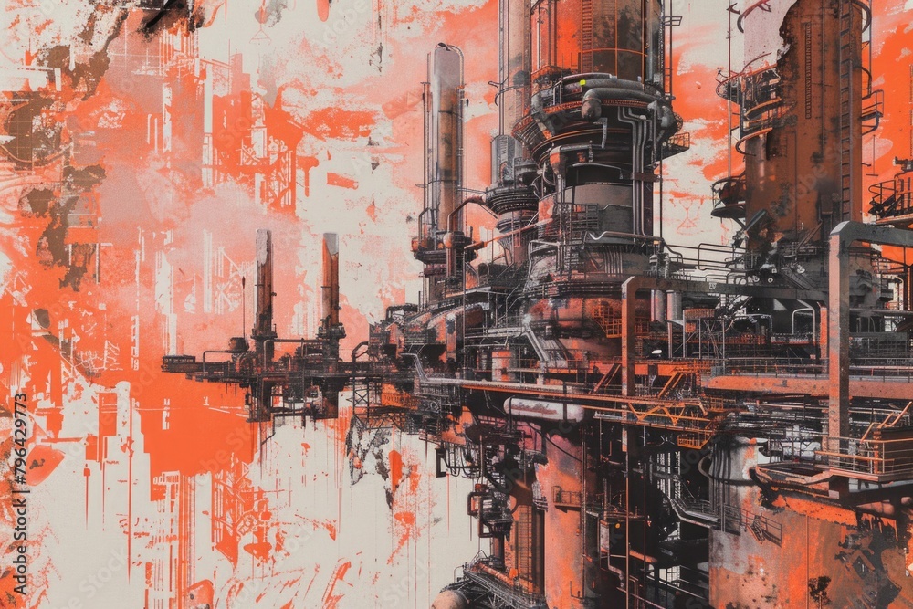 A painting of a factory with a complex network of pipes. Suitable for industrial concepts
