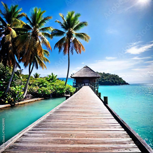 "(((Paradise beach with turquoise water, wooden pier, and tropical palm trees)))  A stunning and photorealistic depiction of a paradise beach setting, featuring crystal clear turquoise waters, a rusti © ART-PHOTOS