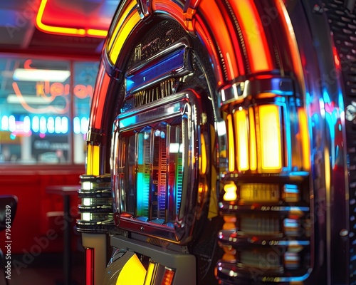 Closeup of a neonlit jukebox in a diner, with reflections of multicolored lights on the shiny surface, no grunge, no dust, 4k photo