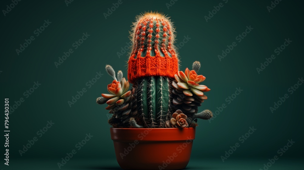 A Potted Cactus Adorned with a Handmade Red Knit Cap on a Green Background