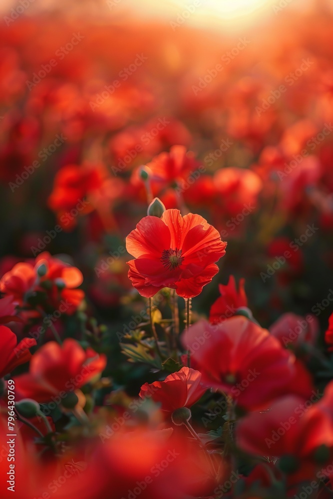 The ground is covered with red flowers, and the sky in front has a beautiful sunrise. The ground is covered with red flowers, and the sky in front has a beautiful sunrise.