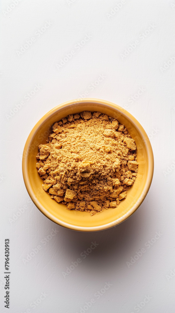 Experience the delightful aroma of almond powder in this captivating closeup shot. From a top view perspective, the blue matte bowl adds a touch of elegance against the pristine white background. Experience the delightful aroma of almond powder in this captivating closeup shot. From a top view perspective, the blue matte bowl adds a touch of elegance against the pristine white background.