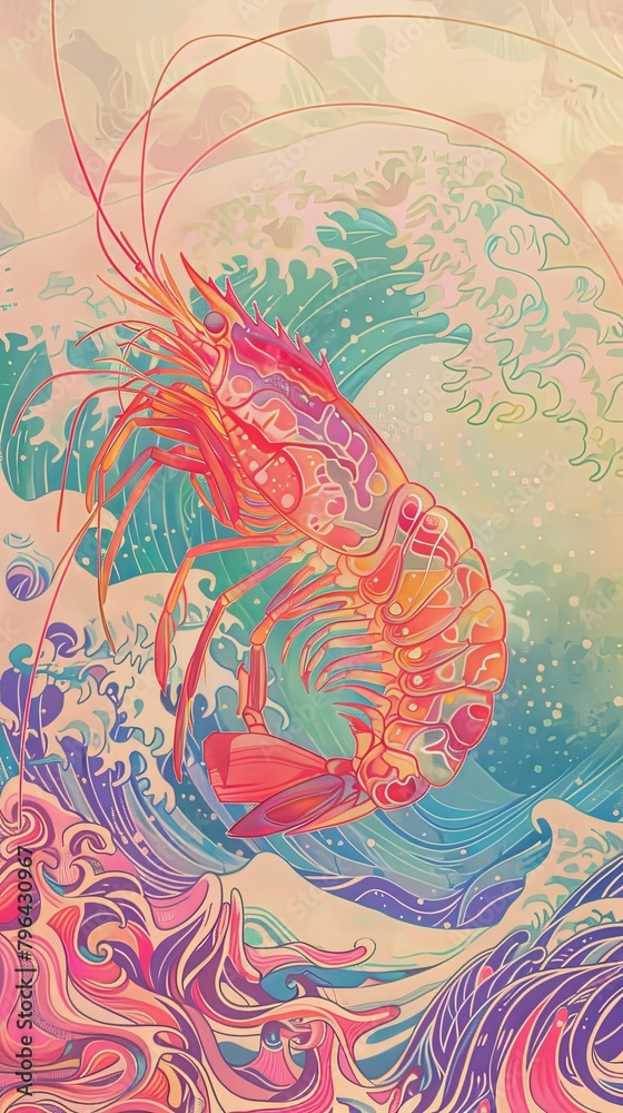 Whimsical drawing of a shrimp with exaggerated features, striking a heroic pose with a backdrop of pastel waves, no grunge, no dust, 4k Whimsical drawing of a shrimp with exaggerated features, striking a heroic pose with a backdrop of pastel waves, no grunge, no dust, 4k